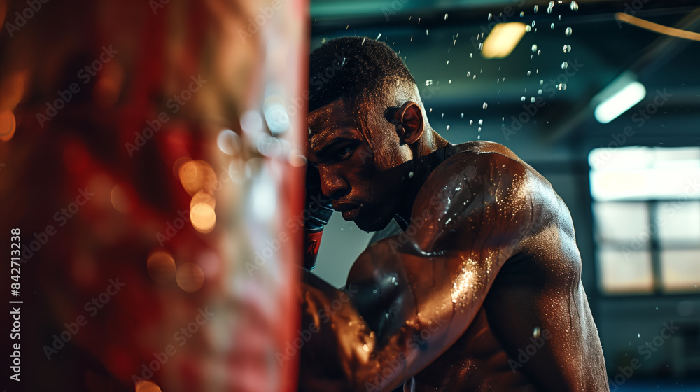 A boxer trains diligently in the gym, his muscles glistening with sweat A boxer trains diligently in the gym, his muscles glistening with sweat