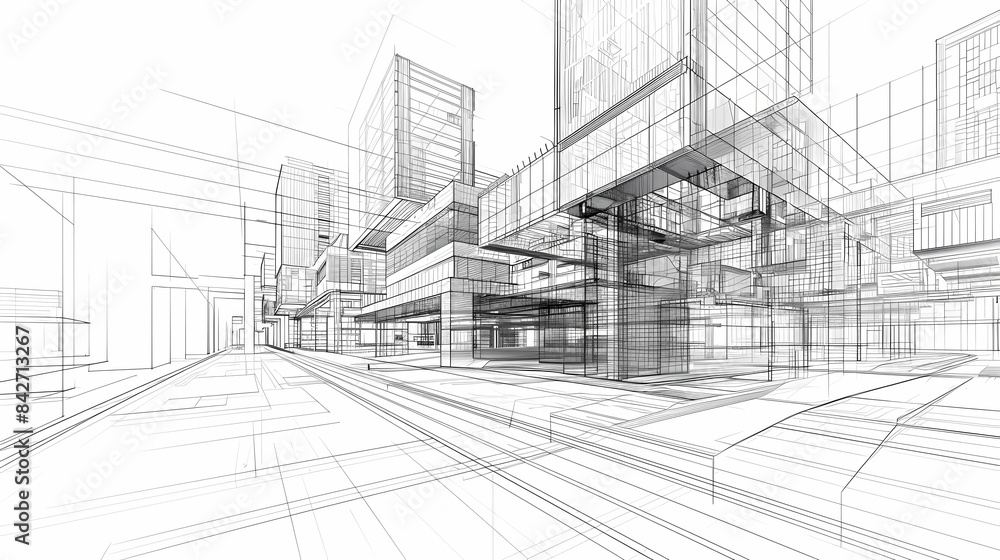 Fototapeta premium abstract modern urban landscape line drawin.3D illustration Imagination architecture building construction perspective design.