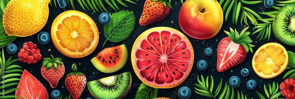 Colorful Fruit and Leaf Pattern Background Colorful Fruit and Leaf Pattern Background