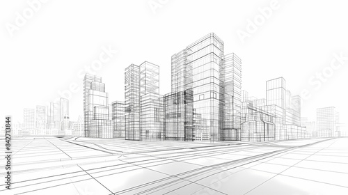 abstract modern urban landscape line drawin.3D illustration Imagination architecture building construction perspective design.