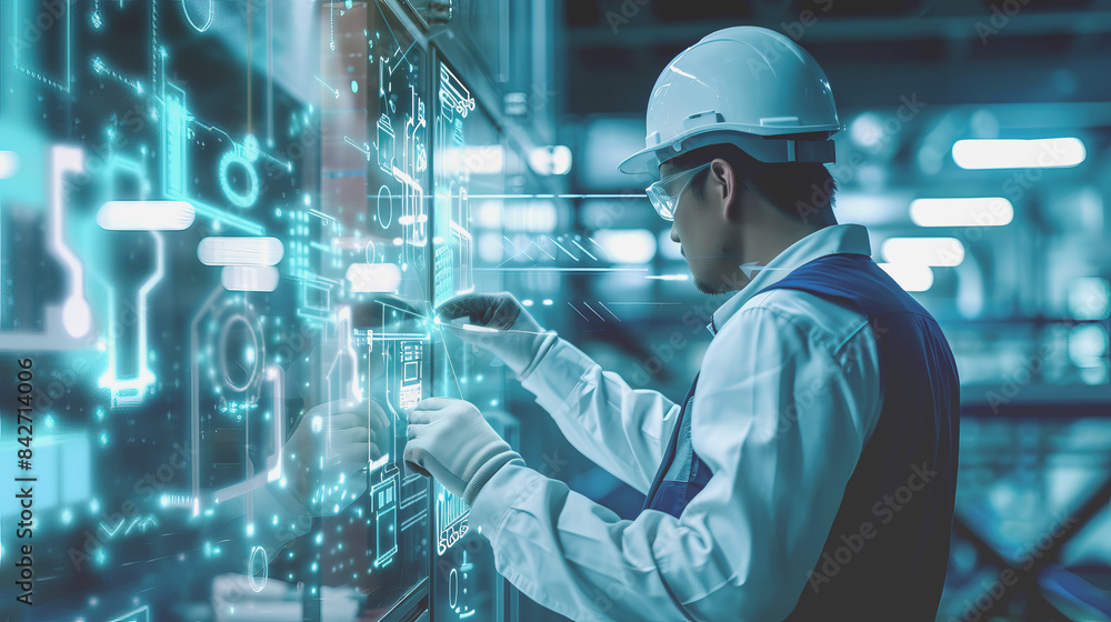 Worker Engaging with Futuristic Interface in Industrial Setting. Worker Engaging with Futuristic Interface in Industrial Setting.