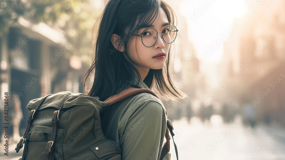 Fototapeta premium Asian girl with glasses with a backpack on her back goes to college. Back to school.
