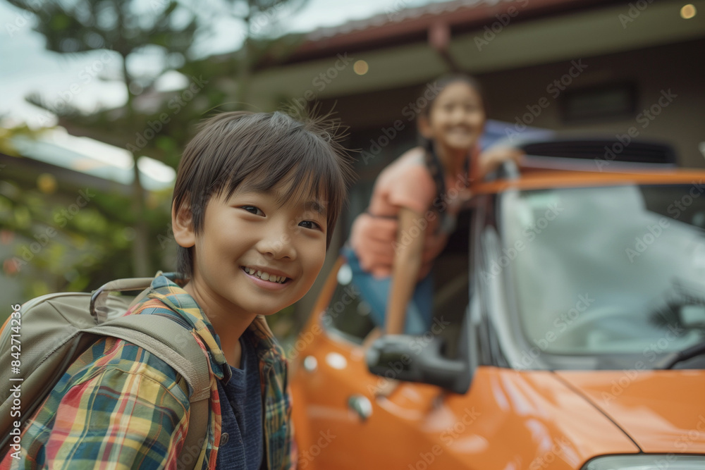 An boy getting ready to get in an orange car with his sister. Happy Asian kids ready for school. An boy getting ready to get in an orange car with his sister. Happy Asian kids ready for school.