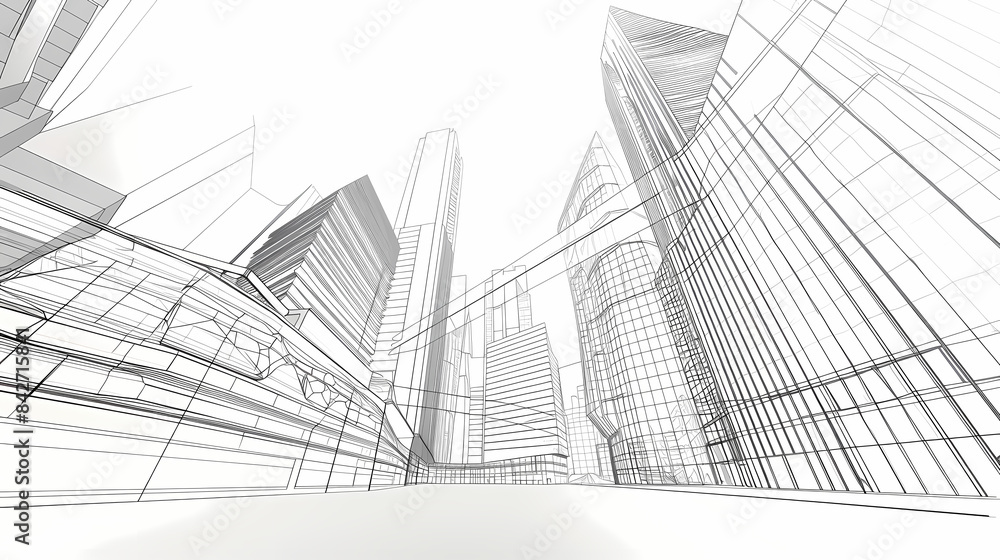 Fototapeta premium abstract modern urban landscape line drawin.3D illustration Imagination architecture building construction perspective design.