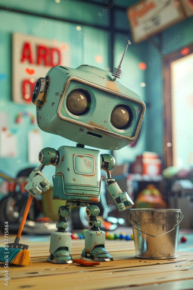 In the children's room, a beautiful new robot stands on the table in the foreground with a bucket and a broom in his hand In the children's room, a beautiful new robot stands on the table in the foreground with a bucket and a broom in his hand