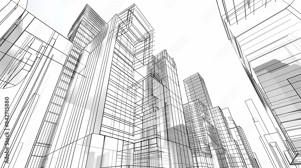 Fototapeta premium abstract modern urban landscape line drawin.3D illustration Imagination architecture building construction perspective design.