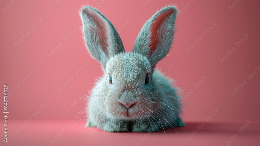 Obraz premium Portrait of a fluffy gray rabbit on a pink background, close-up view. Cute animal photography concept