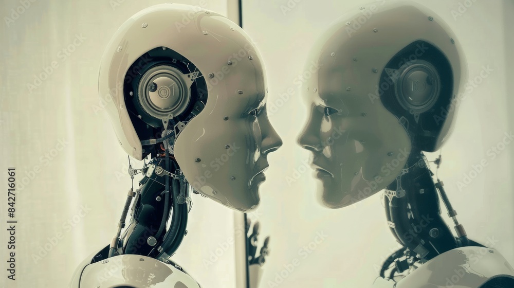 Naklejka premium introvert robot looking in a mirror and seeing extrovert version of itself