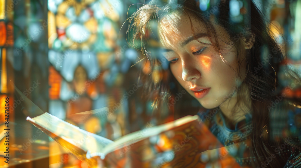 Young woman reading Holy Bible, double exposure with Christian church interior Young woman reading Holy Bible, double exposure with Christian church interior