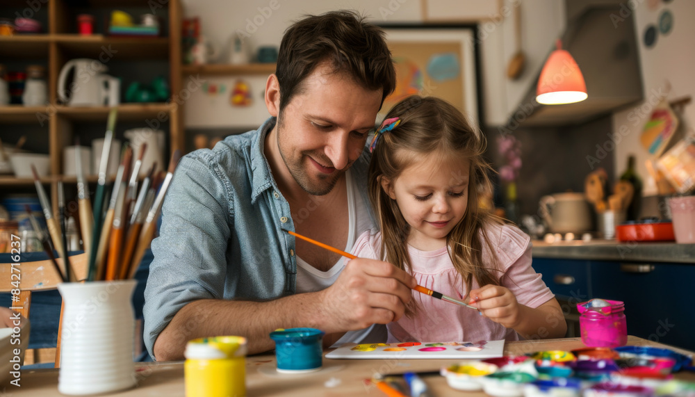 A man and a little girl are painting together in a kitchen A man and a little girl are painting together in a kitchen