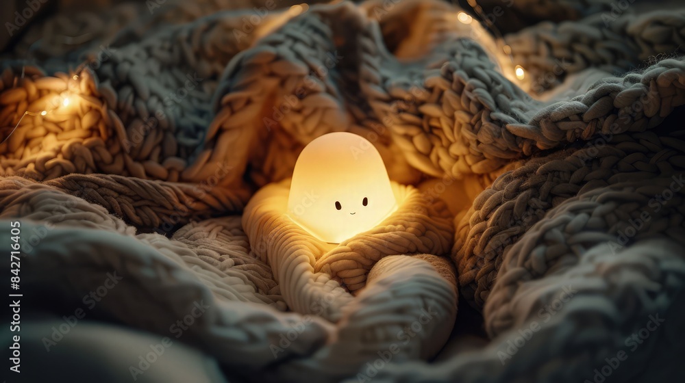 Obraz premium An adorable nightlight lamp casting a warm glow, nestled among soft blankets, creating cozy and whimsical atmosphere in bedroom or baby nursery.