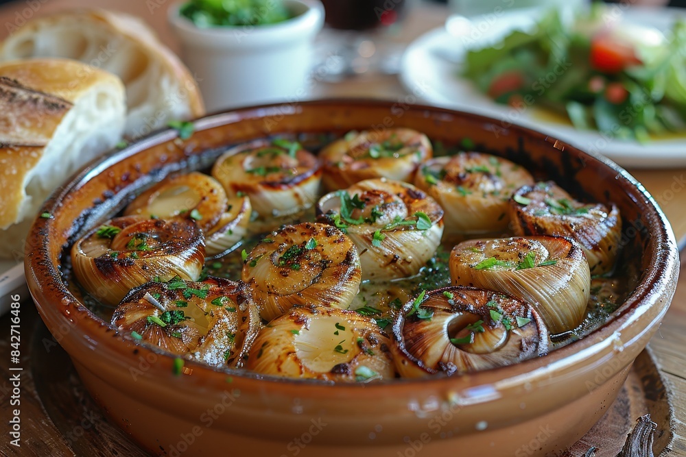 Escargots de Bourgogne A dish of Escargots de Bourgogne with snails in shells, filled with garlic parsley butter. Served in a traditional escargot plate. Escargots de Bourgogne A dish of Escargots de Bourgogne with snails in shells, filled with garlic parsley butter. Served in a traditional escargot plate.