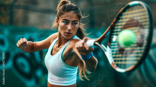 A female tennis player executes a picture-perfect backhand shot photo