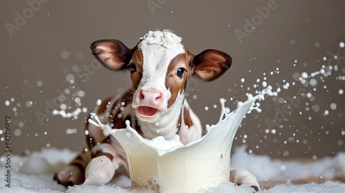 Cow gracefully in motion pouring fresh milk creating a delightful splashing effect