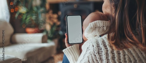 A woman holding a baby and a mobile phone with a blank screen, captured indoors with a cozy background. The baby looks curiously at the camera.