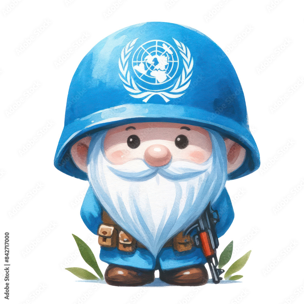 Cute gnome dressed as a peacekeeper soldier with a helmet featuring a world emblem, Transparent background Cute gnome dressed as a peacekeeper soldier with a helmet featuring a world emblem, Transparent background