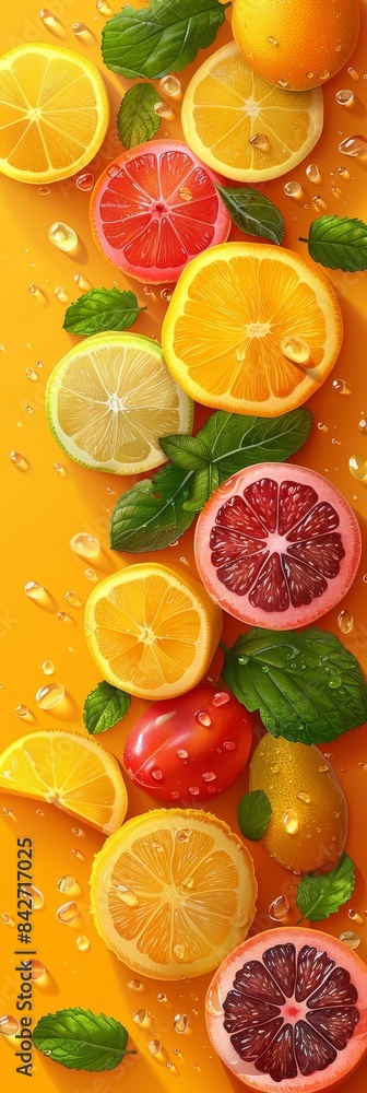 Fresh Citrus Fruit Slices With Green Leaves on a Yellow Background Fresh Citrus Fruit Slices With Green Leaves on a Yellow Background