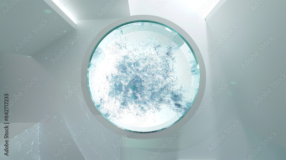 A bird's-eye view of a round glass table standing in the center of a pristine white box A bird's-eye view of a round glass table standing in the center of a pristine white box