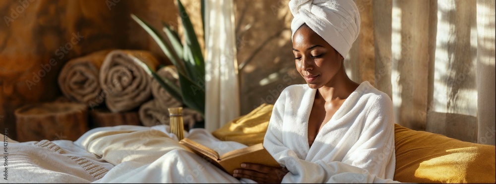 African American woman in a white robe and towel wrapped around her head, sitting on the edge of a bed reading a book with a potted plant beside it, in a spa-like room setting with warm tones. African American woman in a white robe and towel wrapped around her head, sitting on the edge of a bed reading a book with a potted plant beside it, in a spa-like room setting with warm tones.