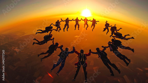 A group of skydivers holds hands in a circle photo