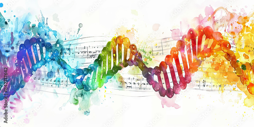 Obraz premium The DNA Symphony of Colors: Life's Melody Written in Genetic Hues - Picture a musical score where each note is a different color representing genetic sequences, symbolizing the harmonious complexity o