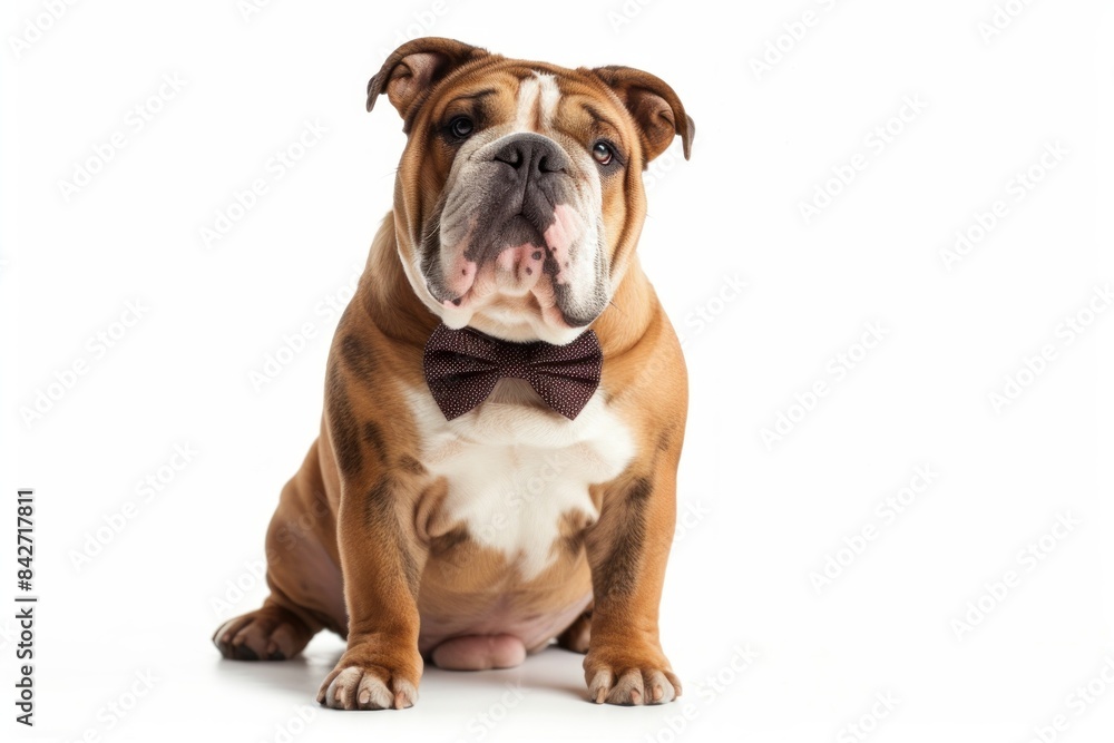 Bulldog with a Bow Tie and a Regal Stance: A Bulldog adorned with a bow tie, striking a regal stance with its head held high, showcasing its dignified demeanor. photo on white isolated background