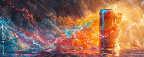 A futuristic beverage trend is represented by an energy drink with a burst of lightning dynamic background. photo
