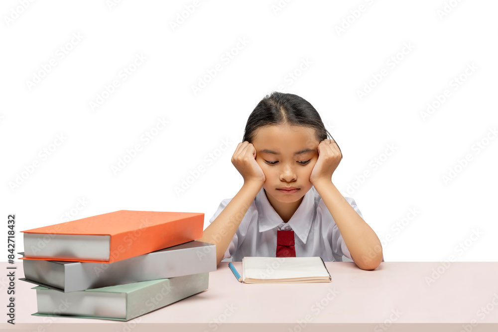 Portrait of an Asian elementary school student girl with a stack of books on the table tired of learning Portrait of an Asian elementary school student girl with a stack of books on the table tired of learning
