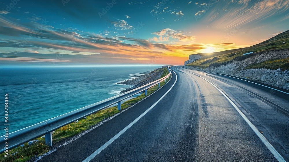 An expansive coastal highway with views of a sparkling blue ocean on one side, the road bathed in the soft, golden light of a setting sun. An expansive coastal highway with views of a sparkling blue ocean on one side, the road bathed in the soft, golden light of a setting sun.
