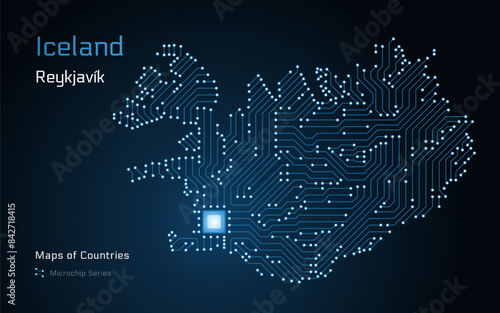 Iceland Map with a capital of Reykjavik Shown in a Microchip Pattern with processor. E-government. World Countries vector maps. Microchip Series 