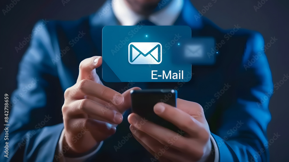 Businessman using a smartphone to check and brush through email messages with an icon displaying the text E-Mail on the screen Businessman using a smartphone to check and brush through email messages with an icon displaying the text E-Mail on the screen