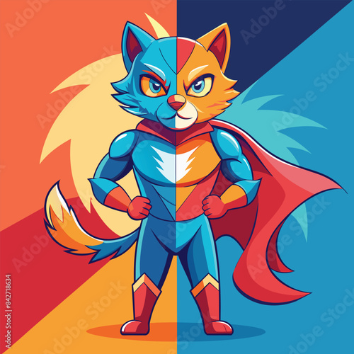 a dynamic and colorful vector illustration of a cat transforming into a superhero