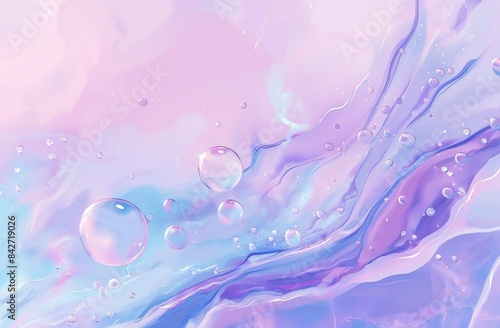 A background with a pastel pink, blue, and purple gradient, bubbles, and white flowing water droplets