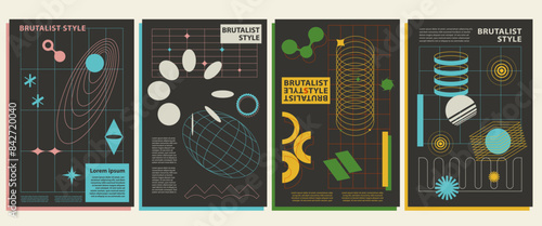 Retro futuristic vector minimalistic posters with silhouette basic figures, grids, modern monochrome print brutalism, extraordinary graphic elements of geometrical shapes composition