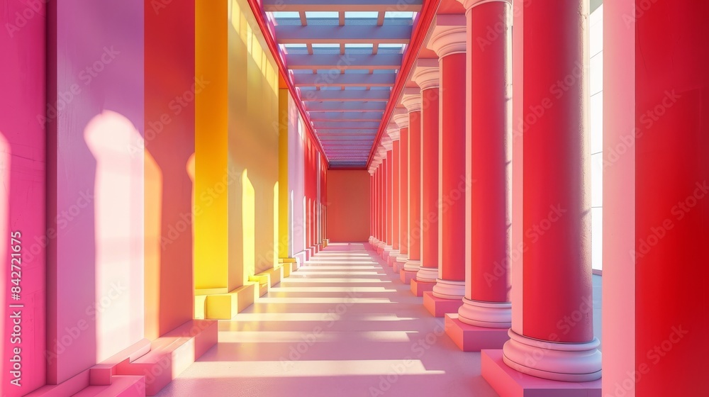 Fototapeta premium inside of a minimalist classy building with greek pillars that are pink and red and yellow,