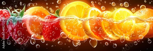 Colorful Fruit Slices Floating in Water With Air Bubbles