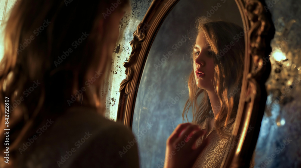 Woman looking into an ornate mirror with a faint, mystical glow, reflections slightly blurred, right third copy space Woman looking into an ornate mirror with a faint, mystical glow, reflections slightly blurred, right third copy space