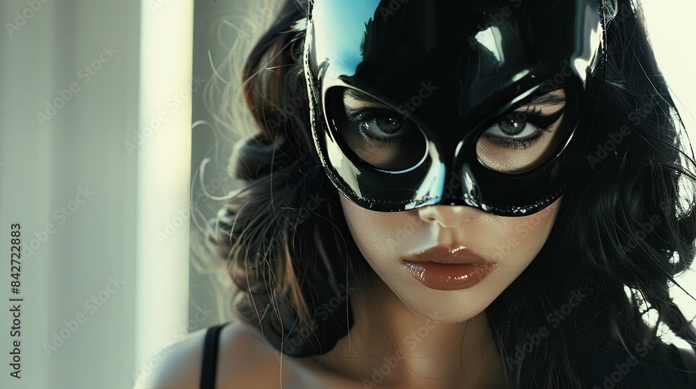 A 1950s airbrushed comic book illustration of a young woman wearing a black bunny mask. Generative AI A 1950s airbrushed comic book illustration of a young woman wearing a black bunny mask. Generative AI