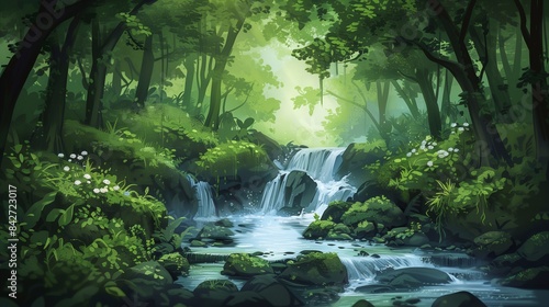 Calming and carefree landscape of nature with lush forest and waterfall