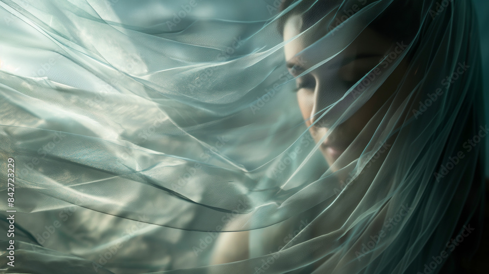 Fototapeta premium Woman partially hidden by a sheer, flowing veil, with soft, ethereal light behind her, left third copy space
