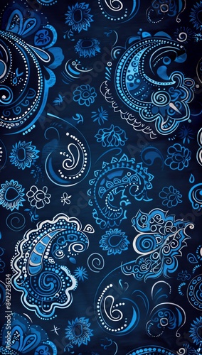 Intricate blue paisley pattern on dark blue background