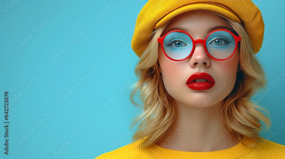 High definition photo of woman looking through binoculars against vivid yellow backdrop High definition photo of woman looking through binoculars against vivid yellow backdrop