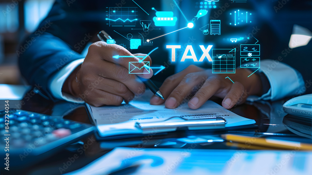 Businessman writing in a notebook with icons of a document Businessman writing in a notebook with icons of a document