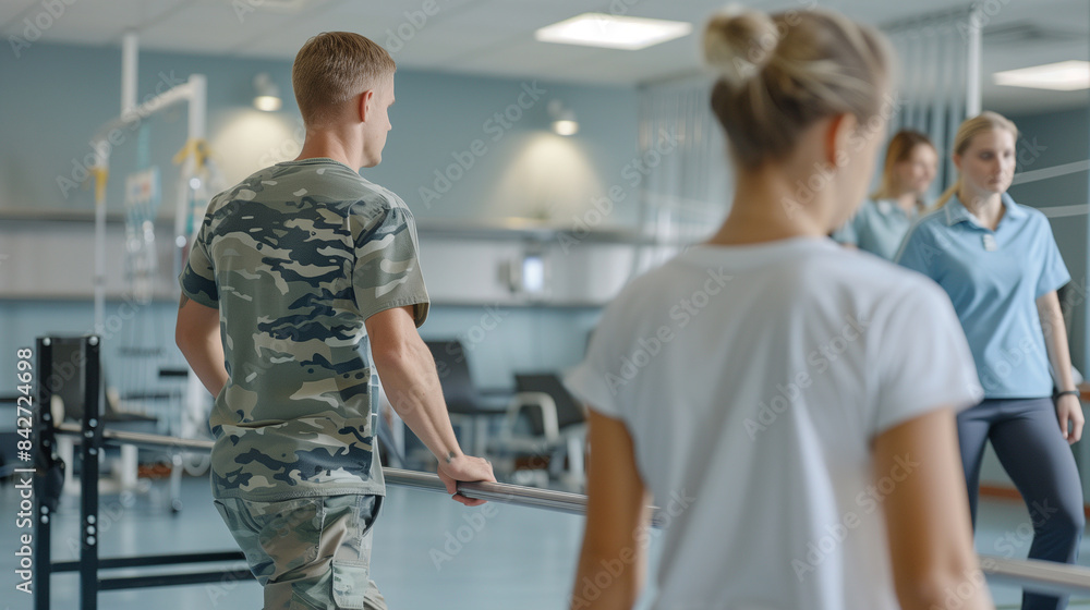 custom made wallpaper toronto digitala of a veteran walking with the assistance of parallel bars in a rehabilitation center, with a therapist monitoring progress, Rehabilitation, Memorial Day, Independence Day, 4th july