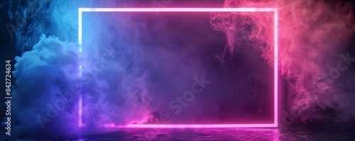 Glowing rectangular neon frame with pink and blue smoke, abstract background. Futuristic and vibrant concept