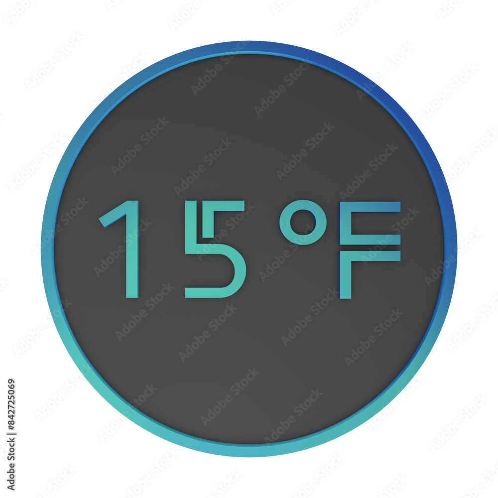Green number fifteen in a gray circle on a white background isolate. Degrees Fahrenheit. Air temperature. Rendering illustration. Green number fifteen in a gray circle on a white background isolate. Degrees Fahrenheit. Air temperature. Rendering illustration.