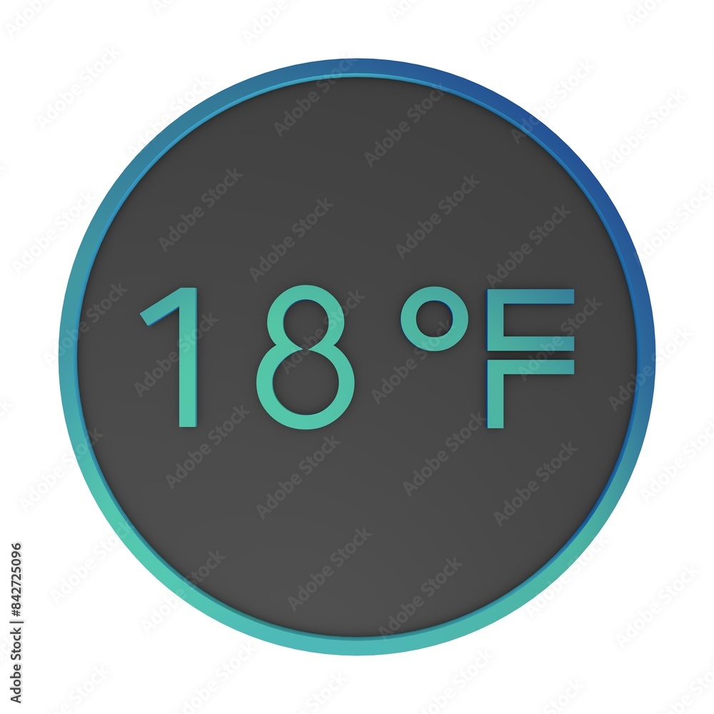 Green number eighteen in a gray circle on a white background isolate. Degrees Fahrenheit. Air temperature. Rendering illustration. Green number eighteen in a gray circle on a white background isolate. Degrees Fahrenheit. Air temperature. Rendering illustration.