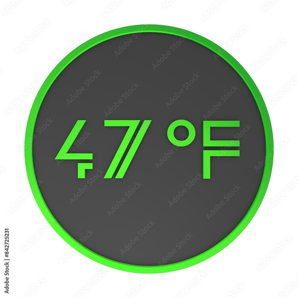 Green number forty-seven in a gray circle on a white background isolate. Degrees Fahrenheit. Air temperature. Rendering illustration. Green number forty-seven in a gray circle on a white background isolate. Degrees Fahrenheit. Air temperature. Rendering illustration.
