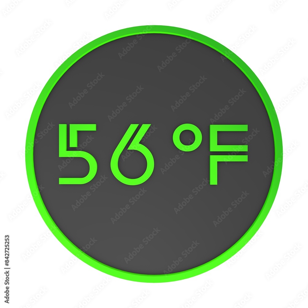Green number fifty-six in a gray circle on a white background isolate. Degrees Fahrenheit. Air temperature. Rendering illustration. Green number fifty-six in a gray circle on a white background isolate. Degrees Fahrenheit. Air temperature. Rendering illustration.