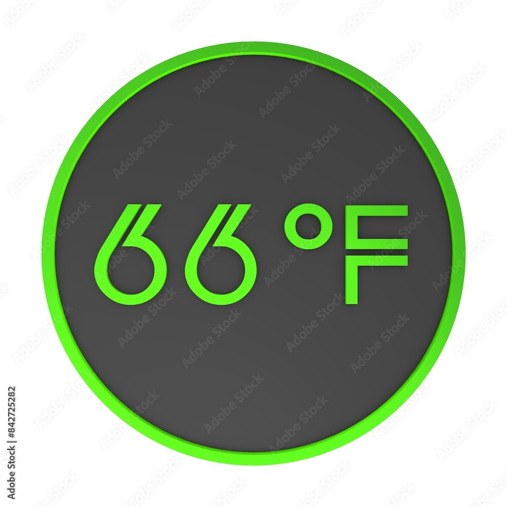 Yellow number sixty-six in a gray circle on a white background isolate. Degrees Fahrenheit. Air temperature. Rendering illustration. Yellow number sixty-six in a gray circle on a white background isolate. Degrees Fahrenheit. Air temperature. Rendering illustration.